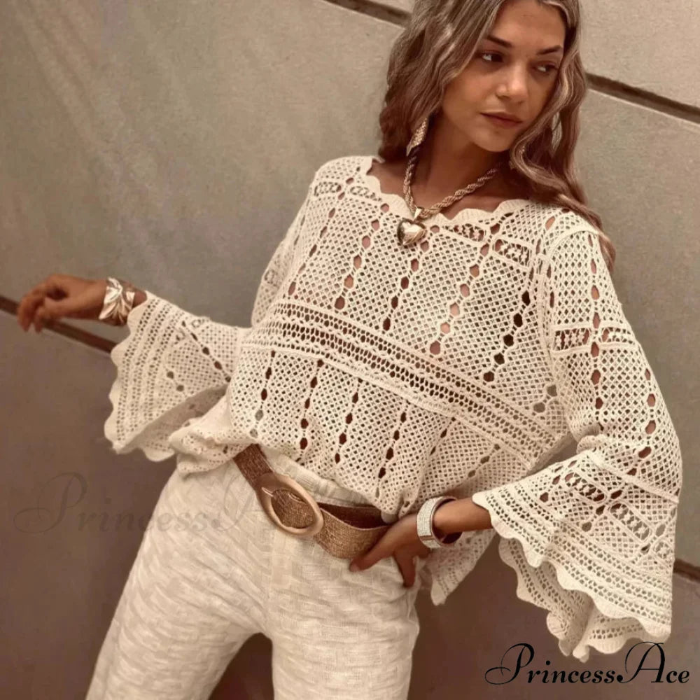 Flare Sleeve Crocheted Knitted Roomy Cotton Boho Blouse