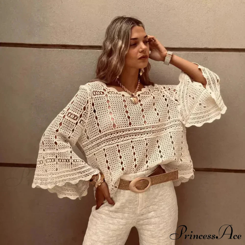 Flare Sleeve Crocheted Knitted Roomy Cotton Boho Blouse
