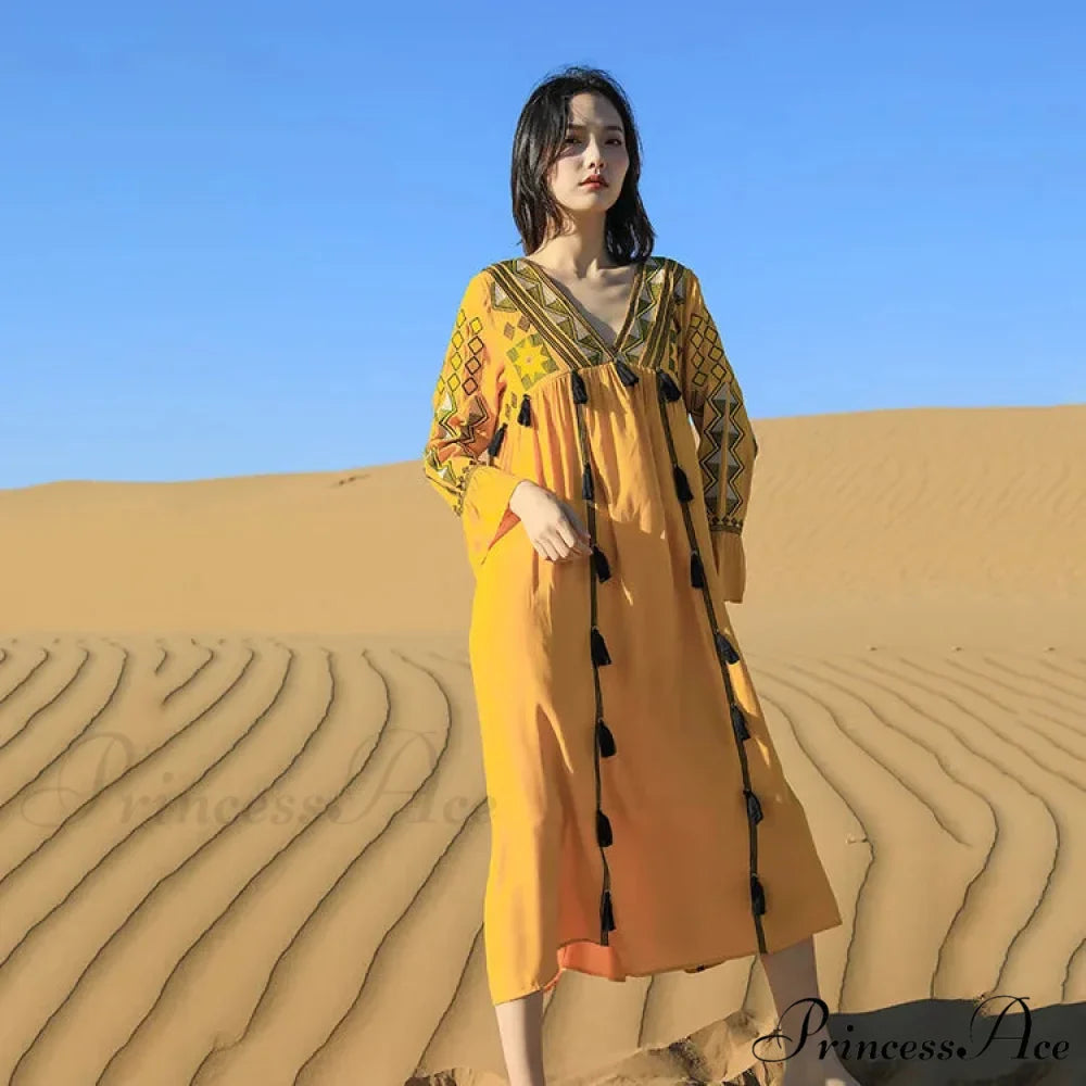 Flare Sleeve Fringe Retro Style Floral Boho Dress