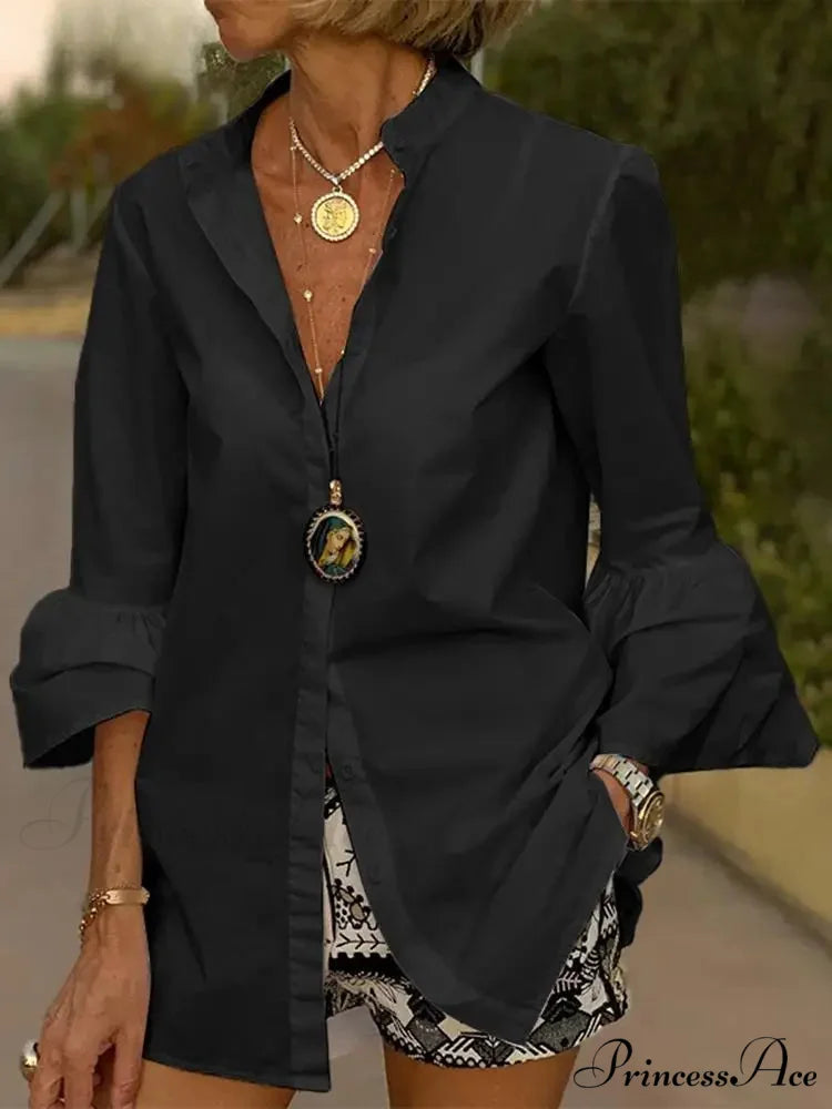 Flare Sleeve Monochromatic V Neck Blouse