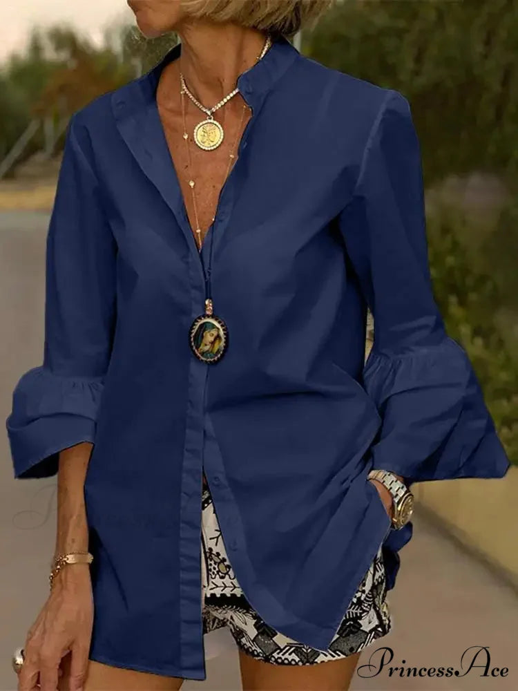 Flare Sleeve Monochromatic V Neck Blouse