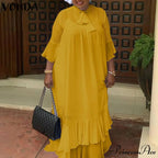 Flare Sleeve Pleated Ruffled Long Maxi Dress