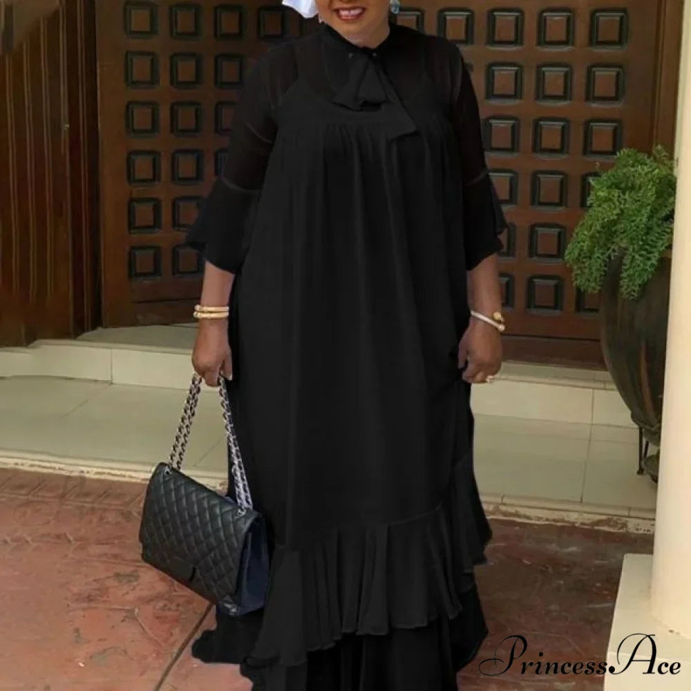 Flare Sleeve Pleated Ruffled Long Maxi Dress