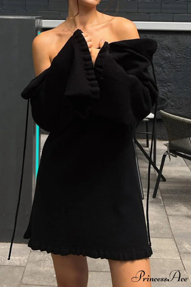 Flare Sleeve Tie-back Ruffle Hem Knit Dress