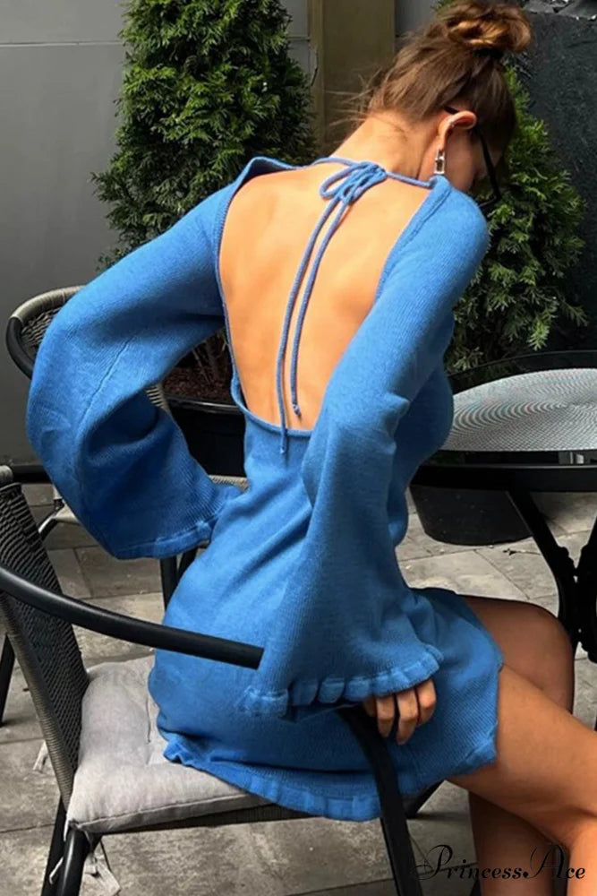 Flare Sleeve Tie-back Ruffle Hem Knit Dress