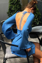 Flare Sleeve Tie-back Ruffle Hem Knit Dress