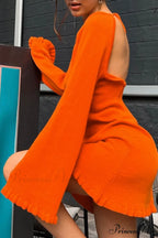 Flare Sleeve Tie-back Ruffle Hem Knit Dress