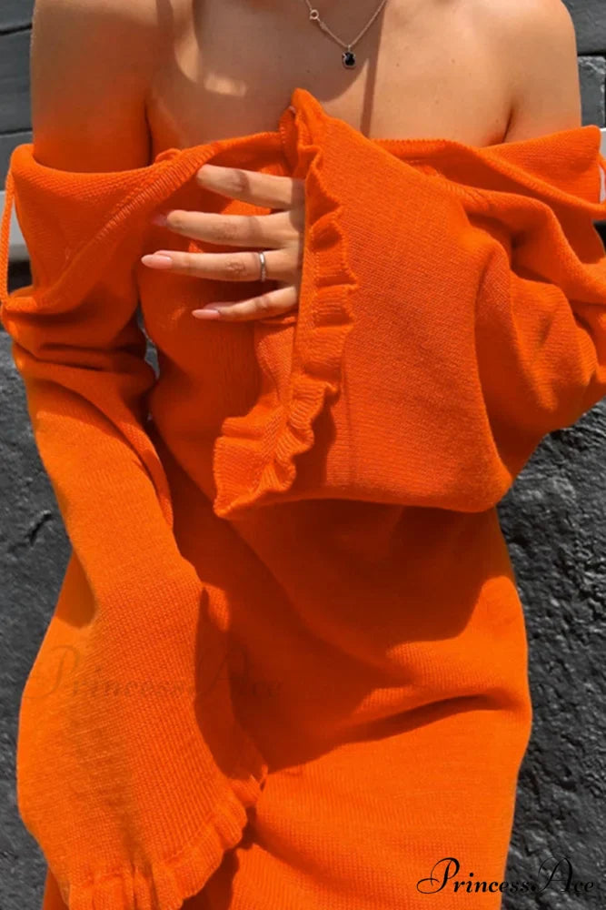 Flare Sleeve Tie-back Ruffle Hem Knit Dress