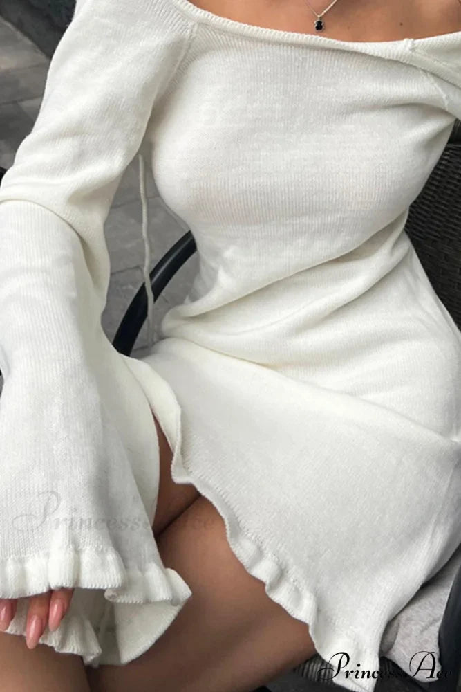 Flare Sleeve Tie-back Ruffle Hem Knit Dress