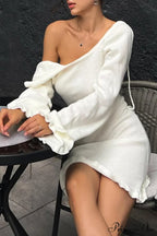 Flare Sleeve Tie-back Ruffle Hem Knit Dress