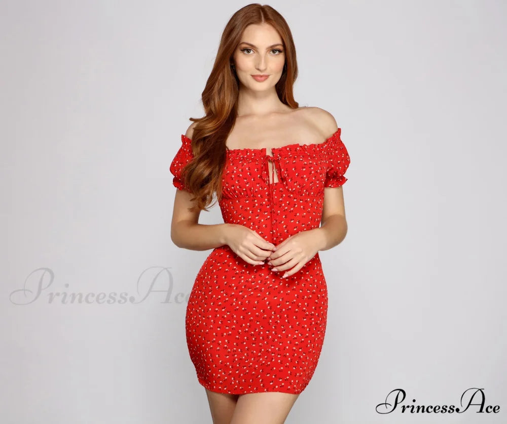 Flirty Vibes Off The Graceful Shoulder Floral Mini Dress