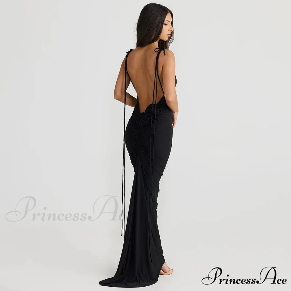 Floral-applique Backless Maxi Christmas Party Dress