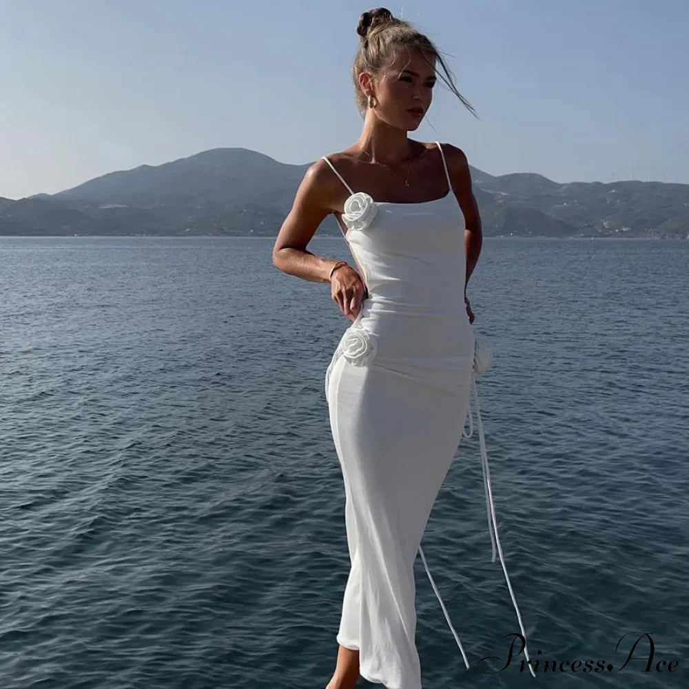 Floral Applique Bandage Sleeveless Summer Vestido Midi Dress