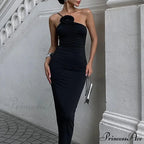 Floral Applique Ruched Summer Irregular Sleeveless Party Club Maxi Dress