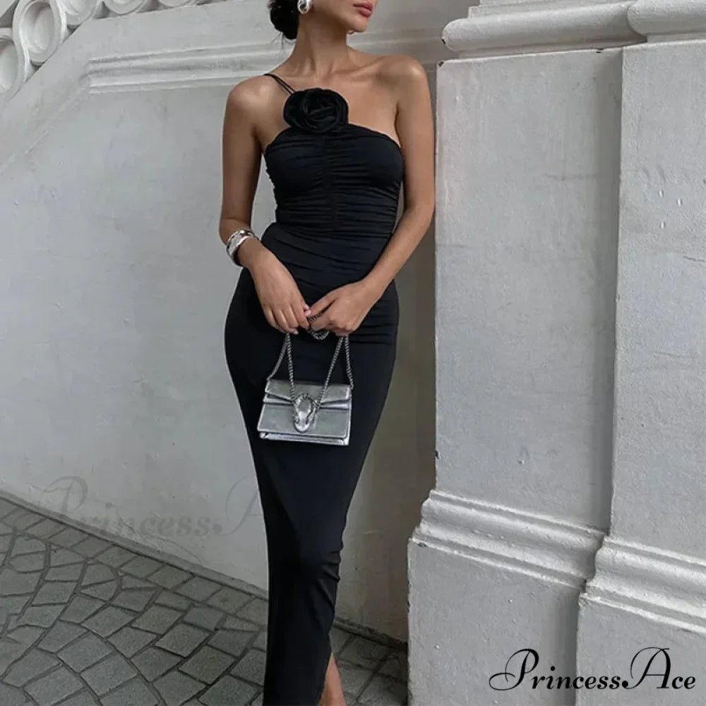 Floral Applique Ruched Summer Irregular Sleeveless Party Club Maxi Dress