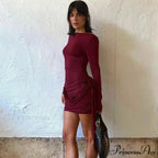 Floral Appliques Long Sleeve Ruched Bodycon Holiday Solid Slim Mini Dress