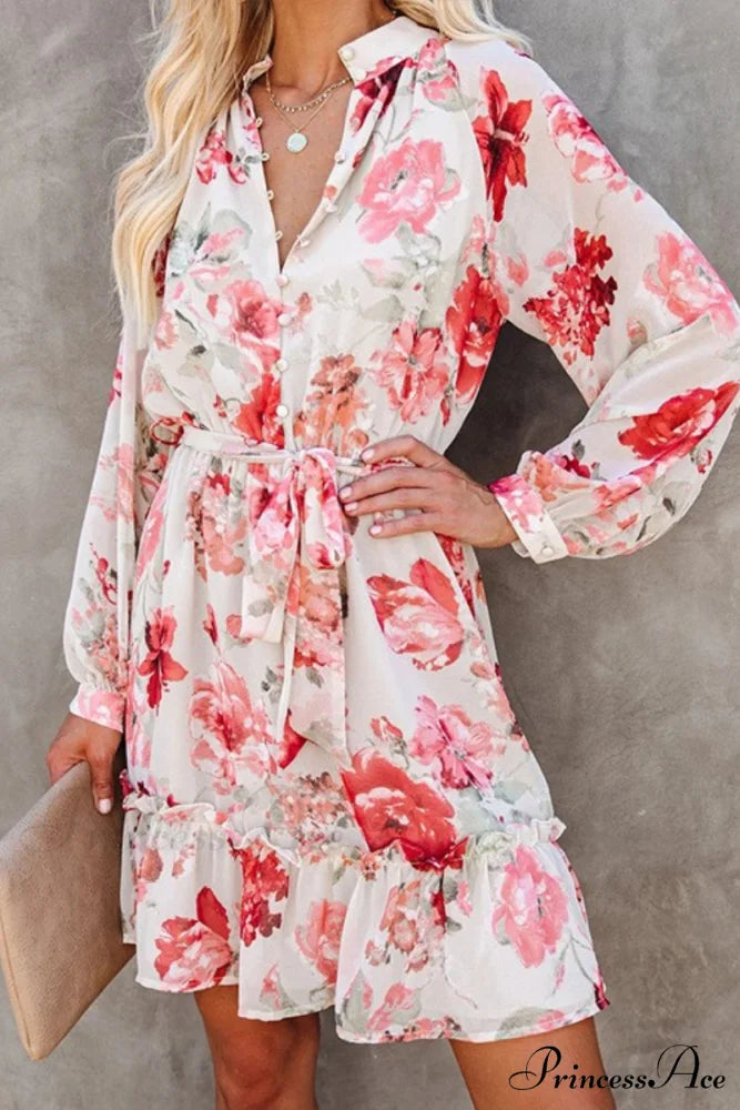 Floral Button Front Deep Modern V Beach Ruffle Dress