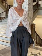 Floral Decor Twisted Trendy Lace Semi-sheer Blouse