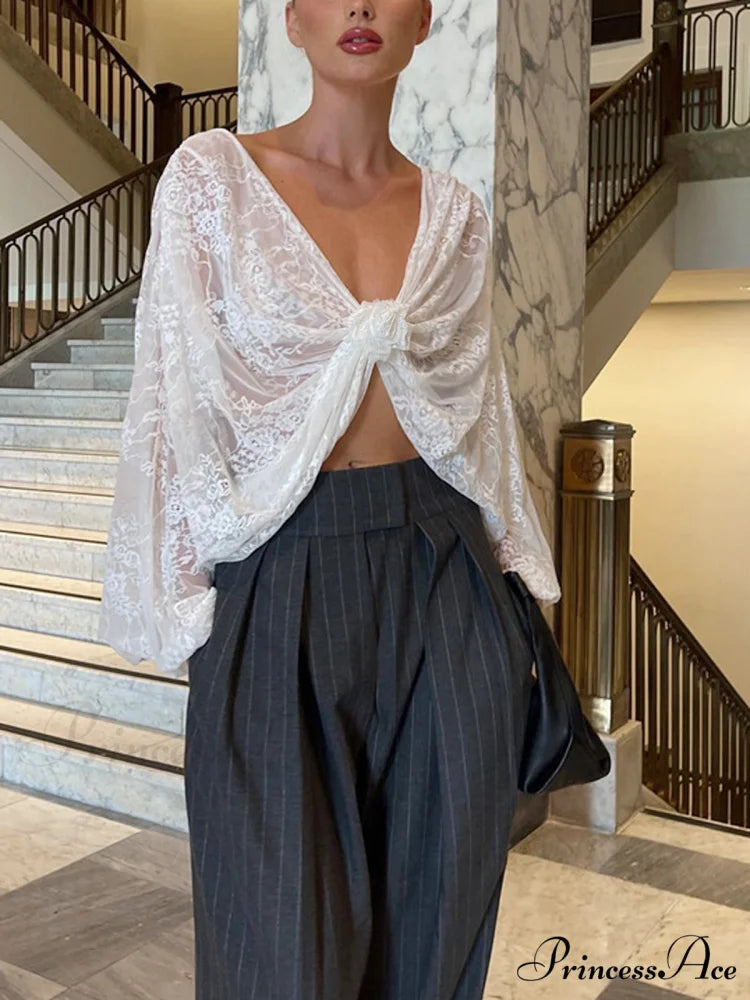 Floral Decor Twisted Trendy Lace Semi-sheer Blouse