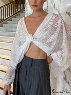 Floral Decor Twisted Trendy Lace Semi-sheer Blouse