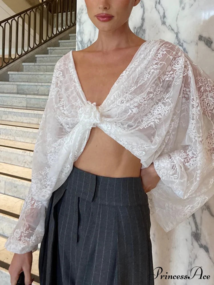 Floral Decor Twisted Trendy Lace Semi-sheer Blouse