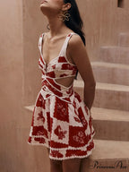 Floral Decorative Unique Print Graceful V-Neck Hollow A-Line Mini Dress