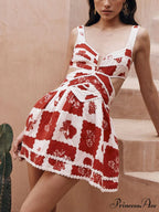 Floral Decorative Unique Print Graceful V-Neck Hollow A-Line Mini Dress