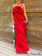 Floral Embellishment Pocketed Charming Slit Maxi Dress