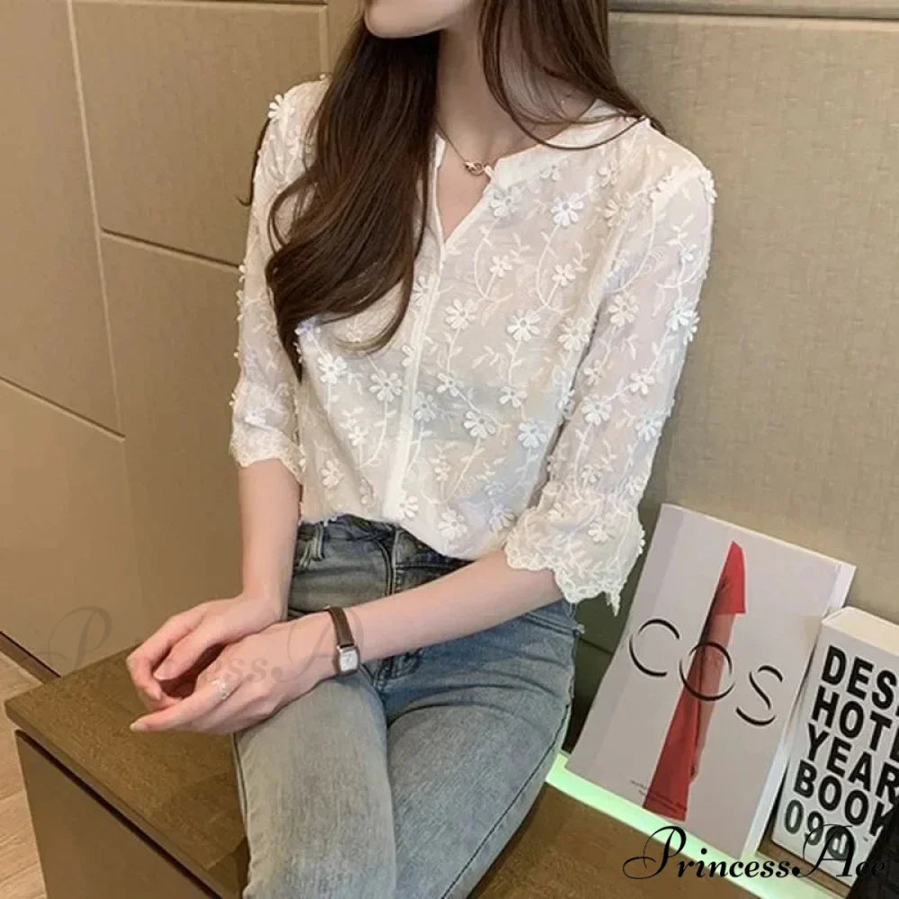 Floral Embroidered Short Sleeve Ivory Top