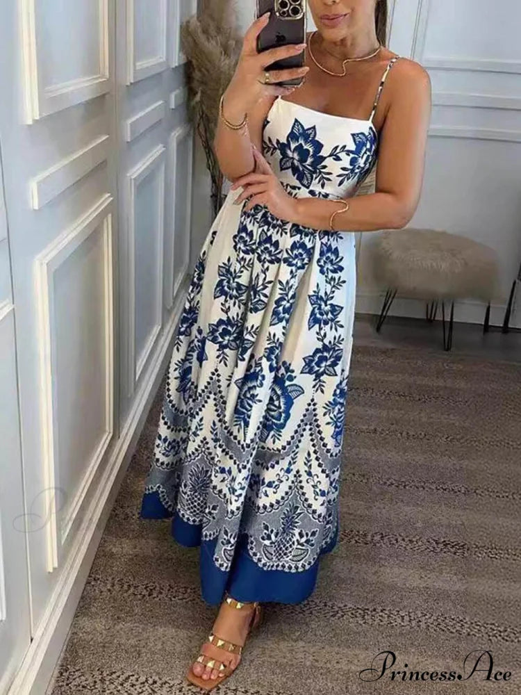 Floral Ethnic Print Back Graceful Smocked Loose Midi Dress