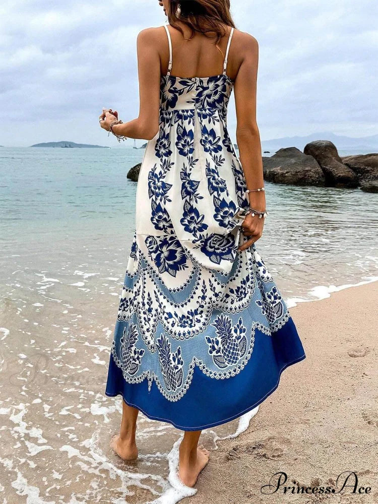 Floral Ethnic Print Back Graceful Smocked Loose Midi Dress