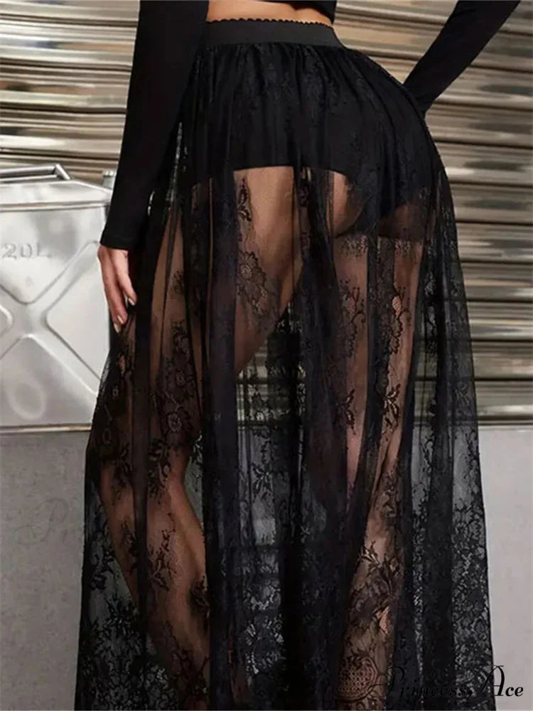 Floral Extended Maxi Skirt Solid Mesh Integrated Shorts Skirt