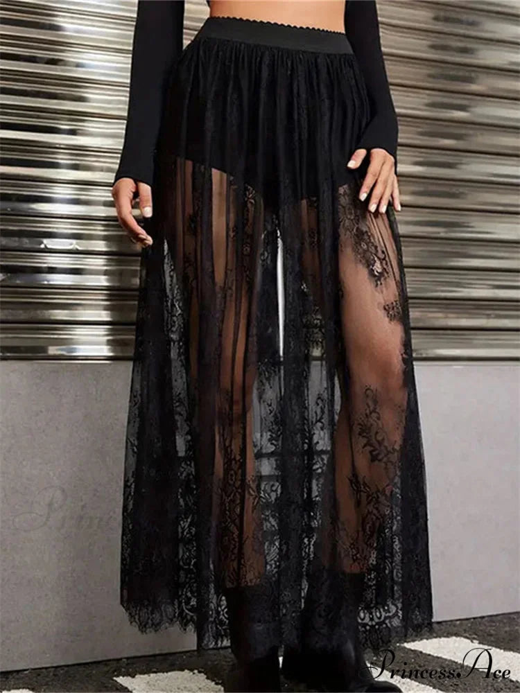 Floral Extended Maxi Skirt Solid Mesh Integrated Shorts Skirt