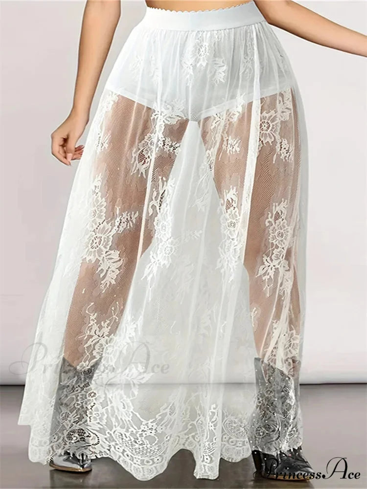 Floral Extended Maxi Skirt Solid Mesh Integrated Shorts Skirt
