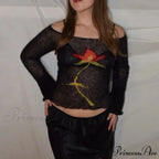 Floral Extended Sleeve Cropped Mesh Knit Sweater Top Women