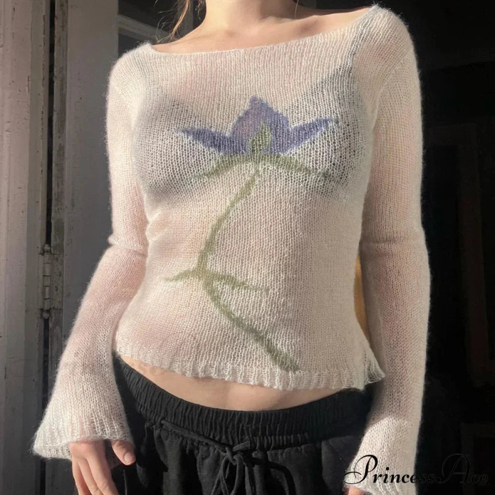 Floral Extended Sleeve Cropped Mesh Knit Sweater Top Women
