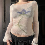 Floral Extended Sleeve Cropped Mesh Knit Sweater Top Women
