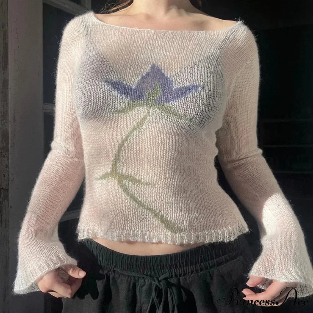 Floral Extended Sleeve Cropped Mesh Knit Sweater Top Women