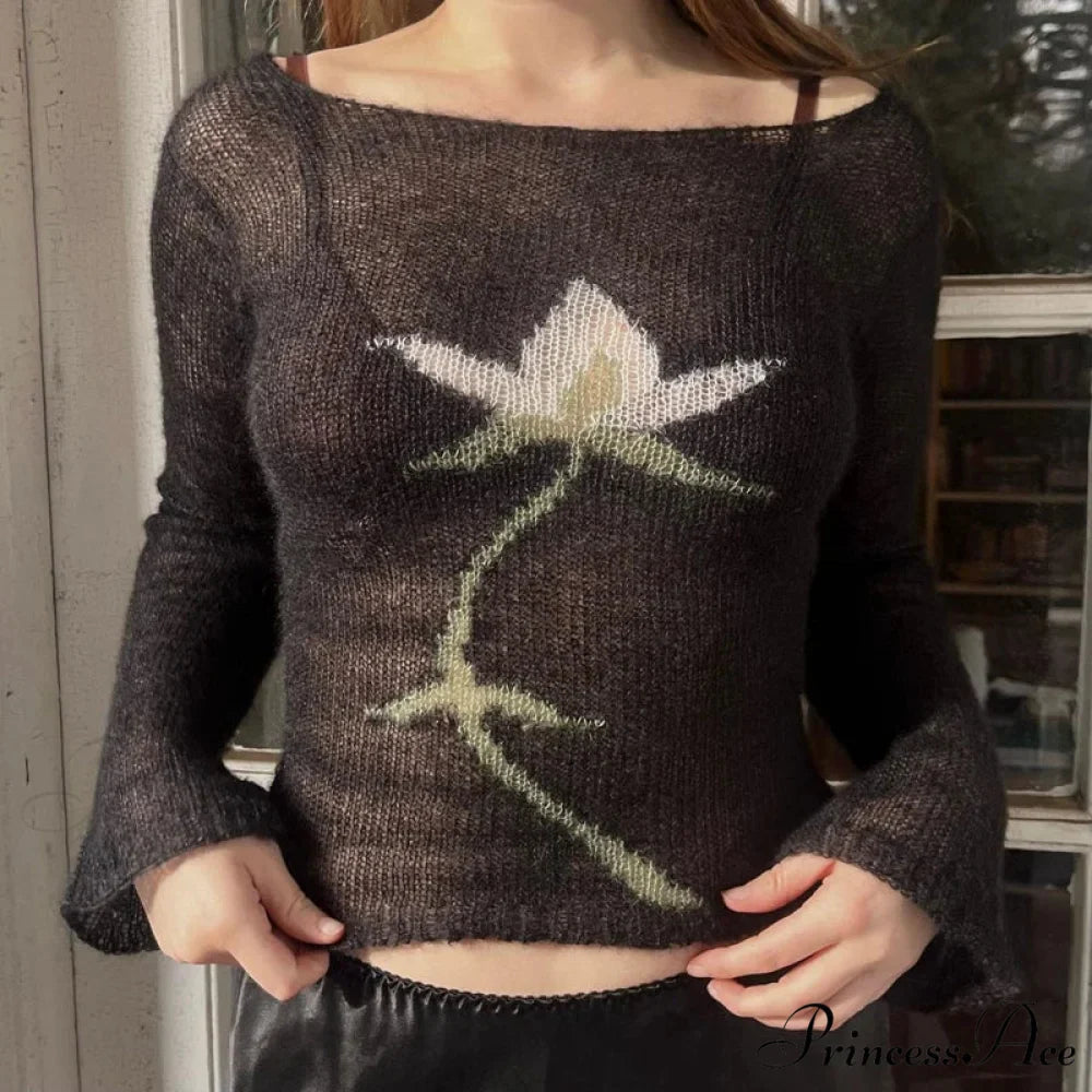Floral Extended Sleeve Cropped Mesh Knit Sweater Top Women