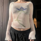 Floral Extended Sleeve Cropped Mesh Knit Sweater Top Women