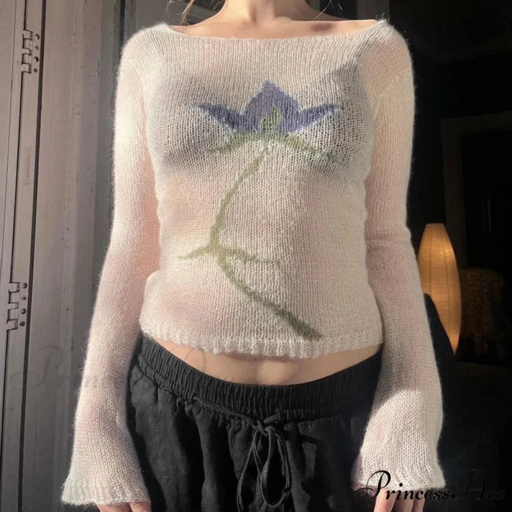 Floral Extended Sleeve Cropped Mesh Knit Sweater Top Women