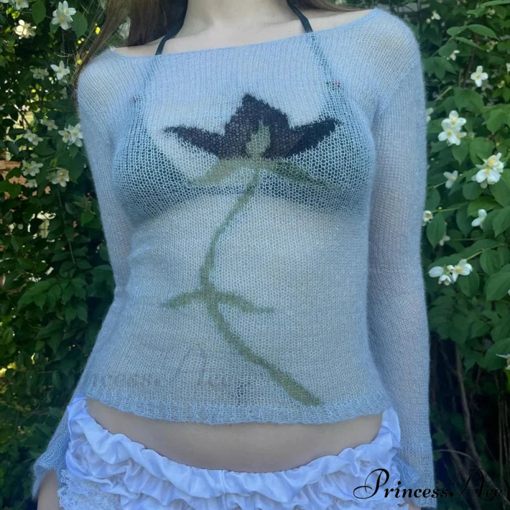 Floral Extended Sleeve Cropped Mesh Knit Sweater Top Women