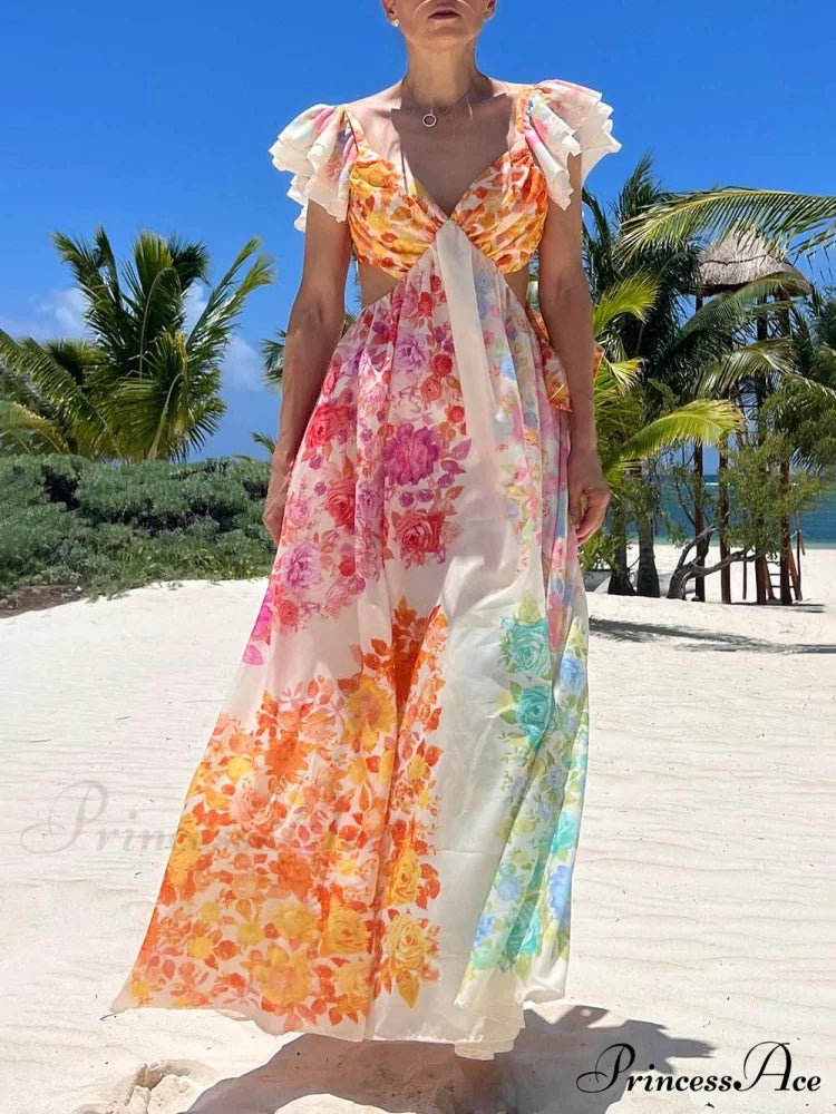 Floral Frill Cutout Charming Back Tie-Up Maxi Dress