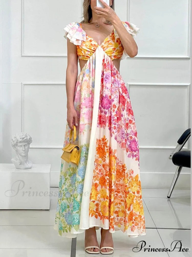 Floral Frill Cutout Charming Back Tie-Up Maxi Dress