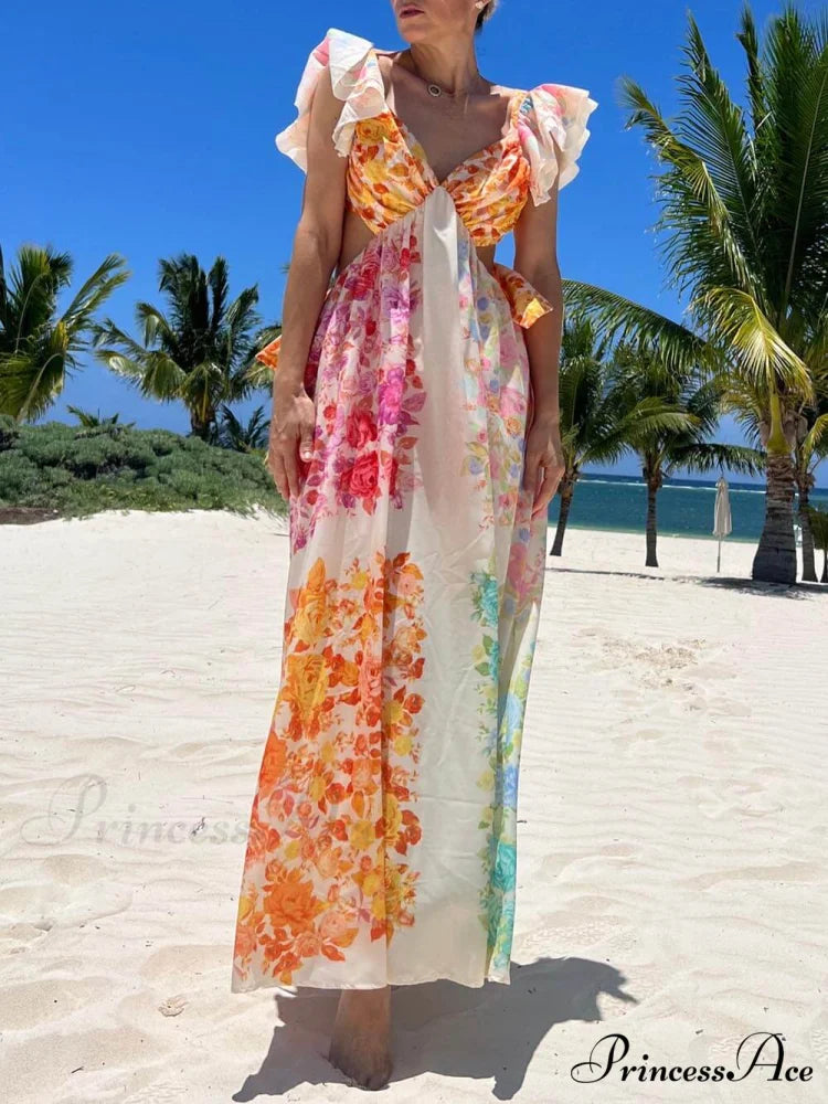 Floral Frill Cutout Charming Back Tie-Up Maxi Dress