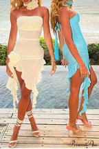 Floral Fringe Mesh Strapless Dress