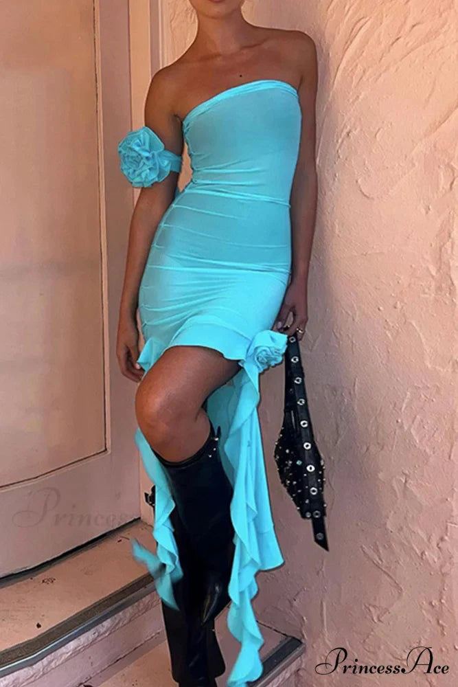 Floral Fringe Mesh Strapless Dress