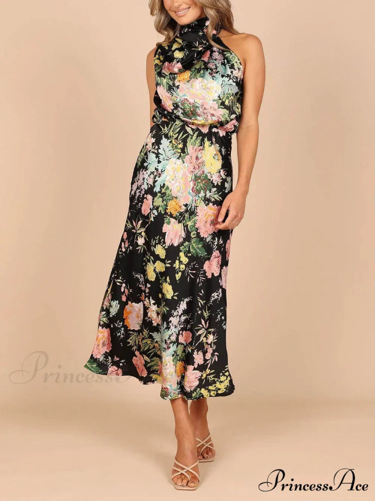 Floral Halter Neck Charming Elastic Waist Maxi Dress