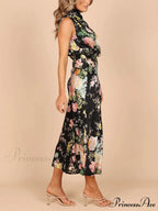 Floral Halter Neck Charming Elastic Waist Maxi Dress