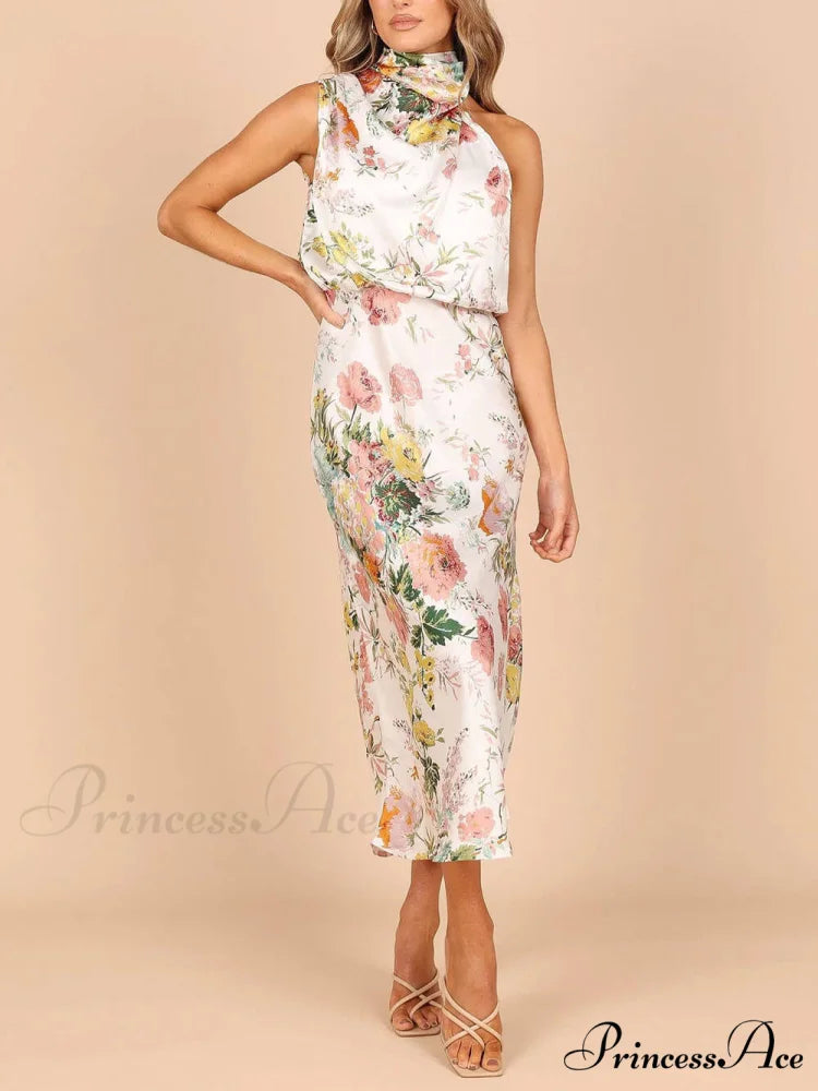 Floral Halter Neck Charming Elastic Waist Maxi Dress